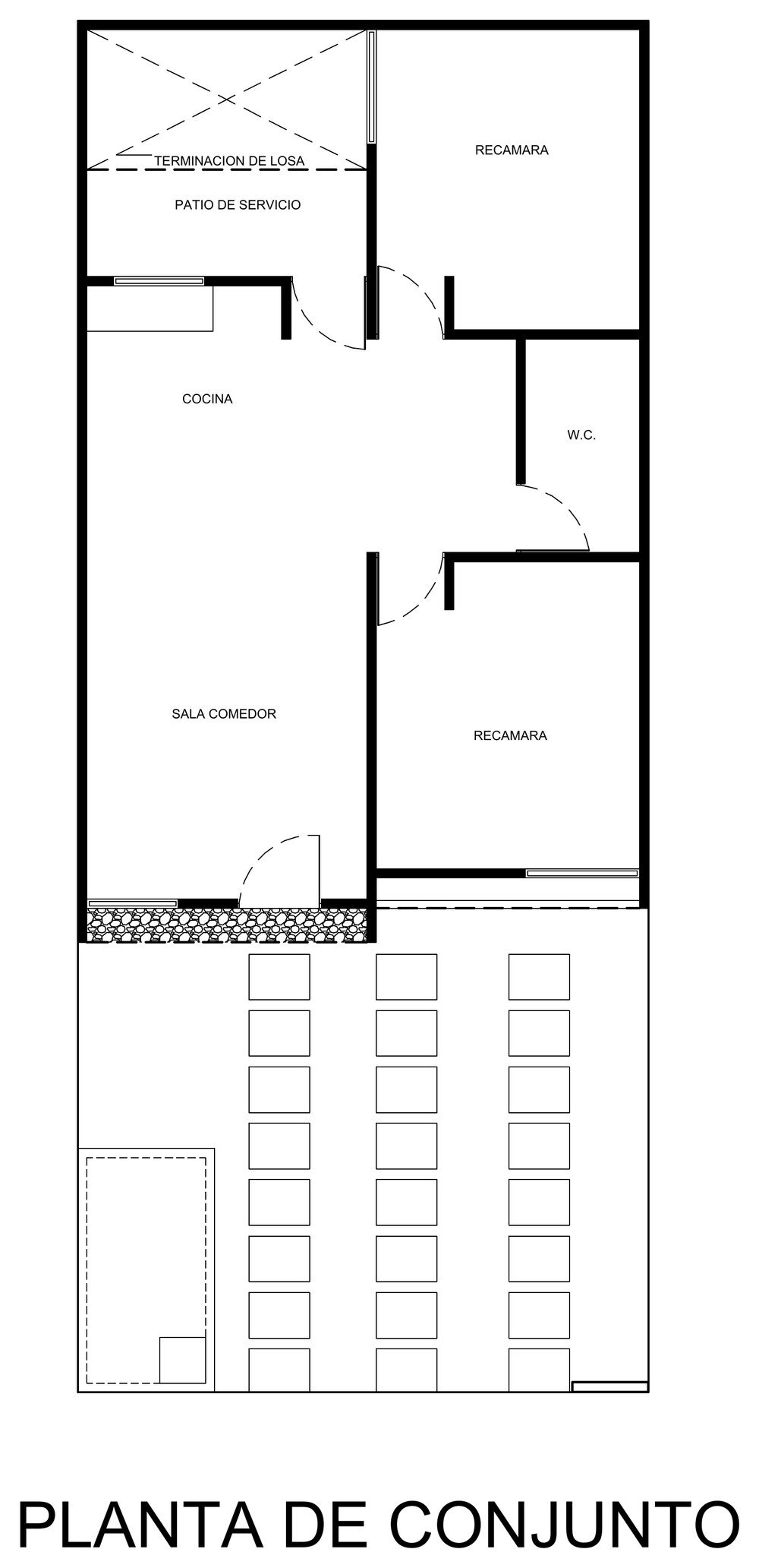 Planta de conjunto de la Casa Dalia: recámaras, baño, sala–comedor, cocina con barra, área de lavado y frente para dos vehículos