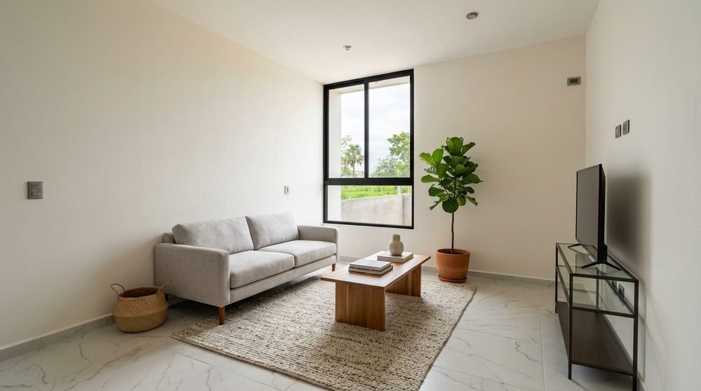 Sala–comedor con muebles de ambientación sugerida